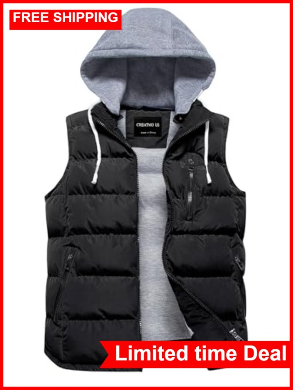 Women's Thick Padded Quilted Puffer Vest Detachable Hood Zip Front Sleeveless